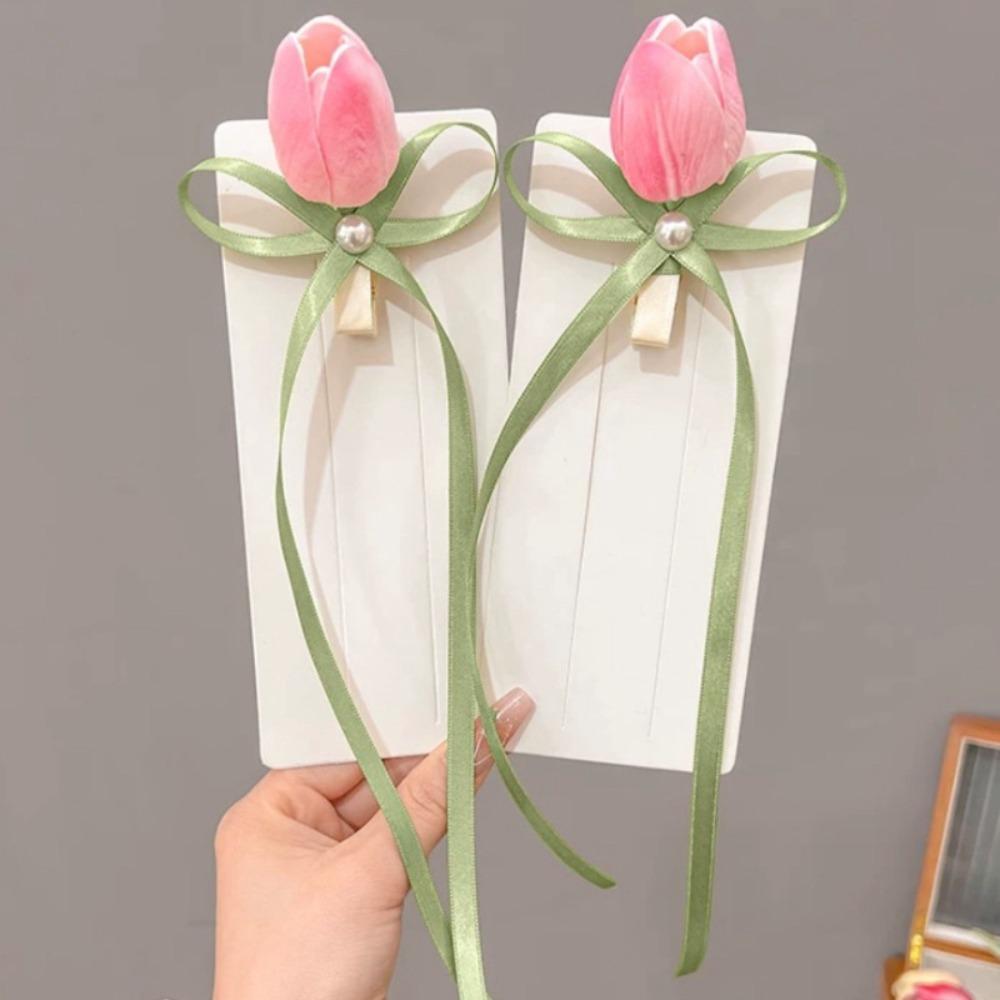 

2pcs Elegant Sweet Tulip Tulip Hairpin Pearl Silk Hair Accessories Flower Duckbill Clip Pearl Flower Hairpin Korean Style