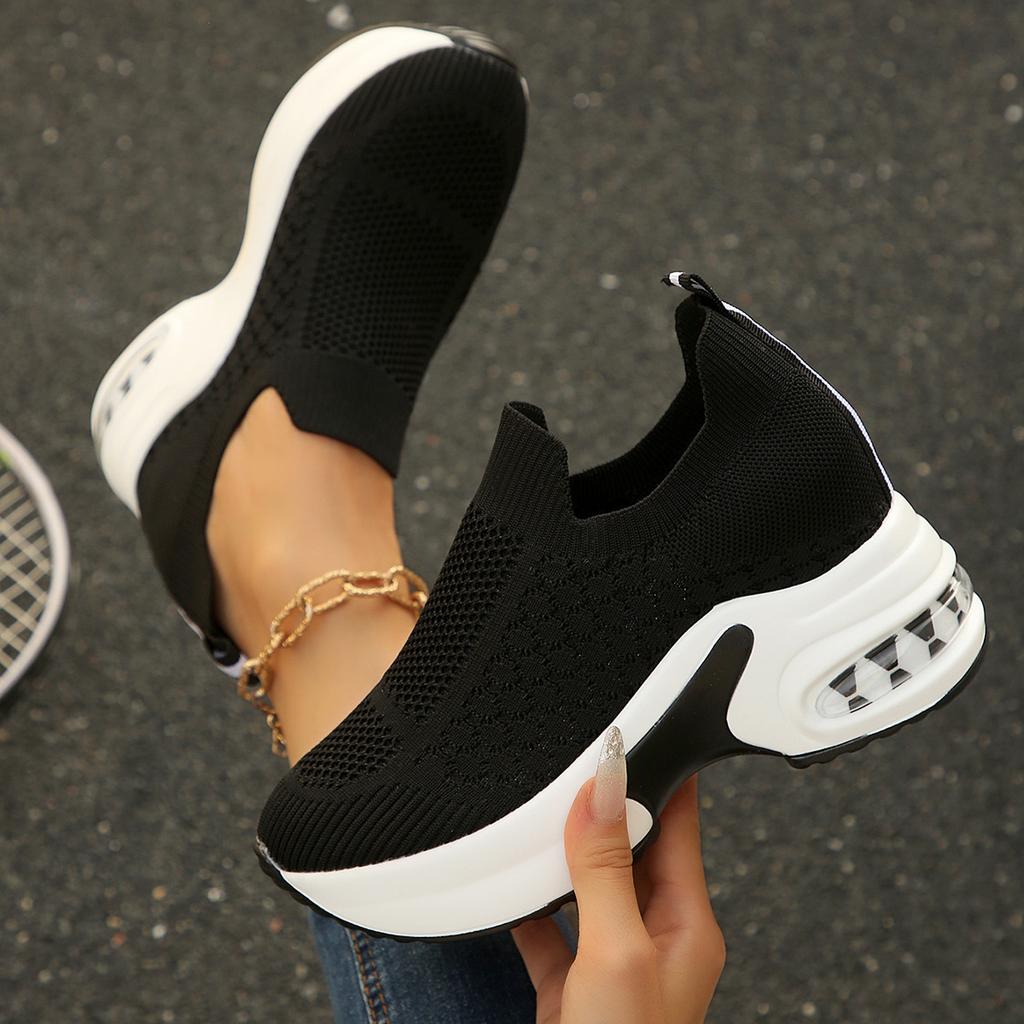 Inner Heightening Shoes Summer New Solid Color Fly-woven Breathable Mesh Air Cushion Platform Shoes Look Thin