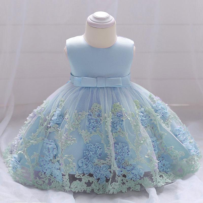 Summer Girls' Children's Dress Children's Wedding Dress Baby's First Birthday Dress Applique Mesh Puffy Skirt
