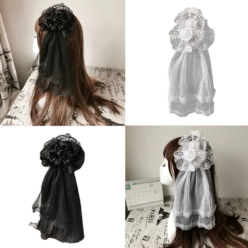 Lolita Gothic Headdress Lace Veil Headwear Rose Side Clip Barrette Halloween Cosplay Accessories Party Headpiece