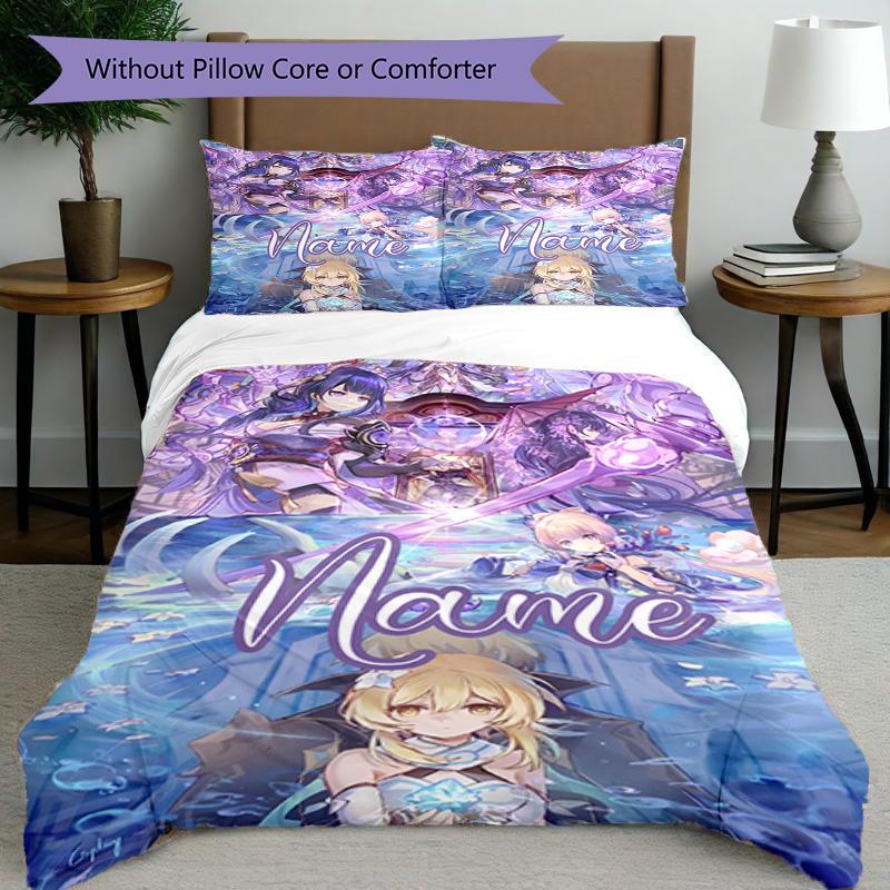 3pcs Duvet Cover Set (1*Duvet Cover + 2*Pillowcase, Without Core), Custom Name Genshin Impact Pattern Bedding Set, Home Bedroom Decor Gift