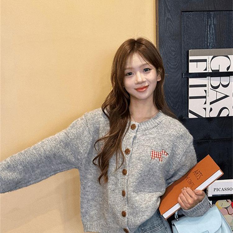 

Ленивый стиль нашивка с собакой милый свитер женский ранняя осень свободное пальто уникальный топ вязаный кардиган One Size серый