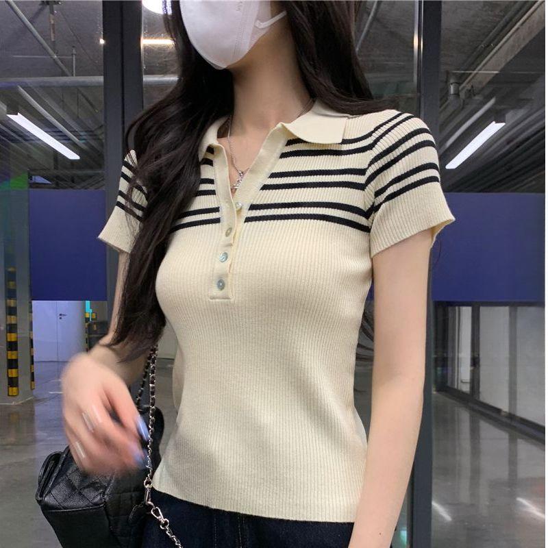 Half-open-neck Short-sleeved T-shirt A New Design Sense Knitted Sweater and Short Top for Women In Summer