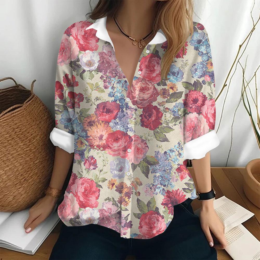 Summer Women's Shirt Long Sleeved Lapel Top Flower Pattern Casual Oversized Button Clothing Women Elegant and Fashionable Shirt