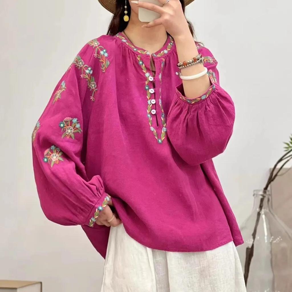 Spring New V-Neck Half Cardigan Button Heavy Industry Embroidered Cotton and Linen Mori Top