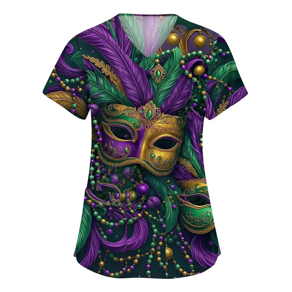 Modische Arbeitskleidung für Damen mit V-Ausschnitt, kurzen Ärmeln und bedruckten Taschen