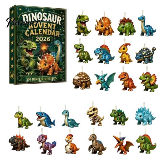 Decorative Acrylic Pendants Christmas Dinosaur Countdown Calendar, 24Pcs Ornament Set with Cute Party Favors Dino Designs, Holiday Tree Hanging Decor