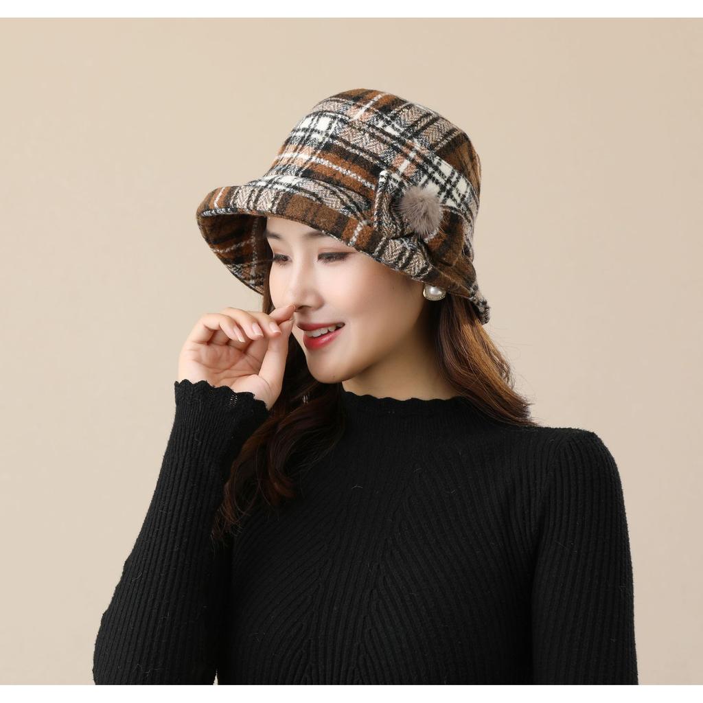British Plaid Crimped Bucket Hat Women's Autumn and Winter Versatile Hat Women's Small Edge Basin Hat