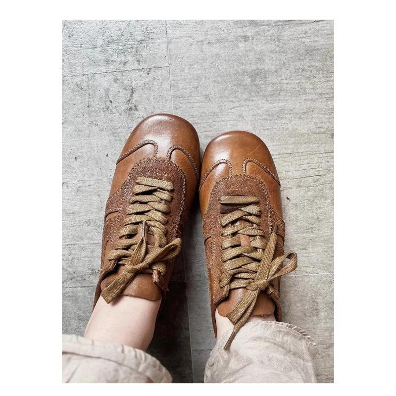 Cowhide Version~ Niche Leather German Training Shoes Women's Winter Flat Forrest Gump Shoes Versatile Retro Board Shoes Casual Sports Shoes