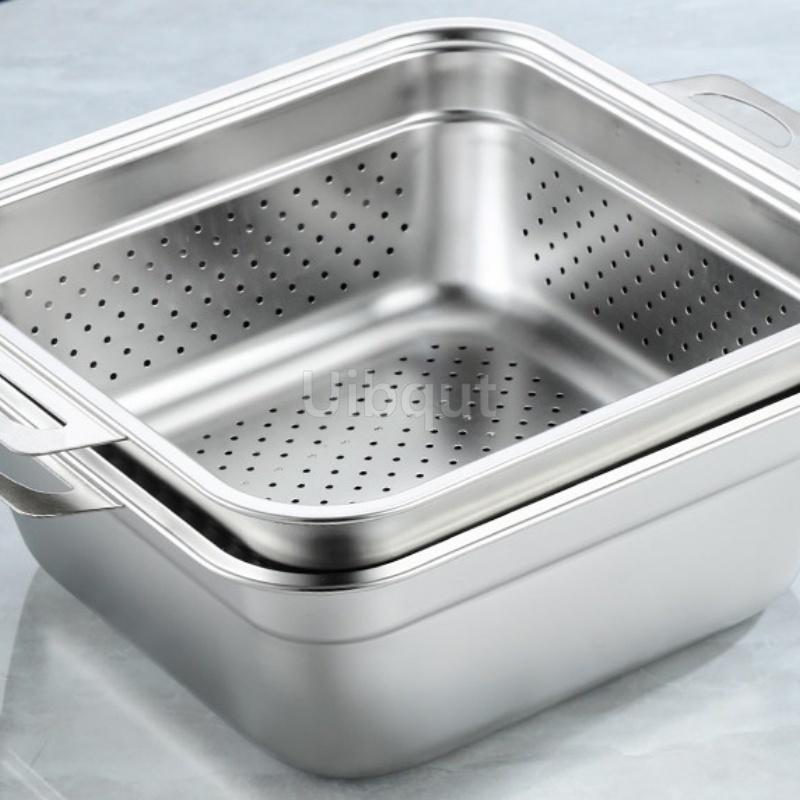 304 Stainless Steel Square Perforated Strainer Flat Bottom with Side Handles Colander for Washing Vegetables Marinating Tray