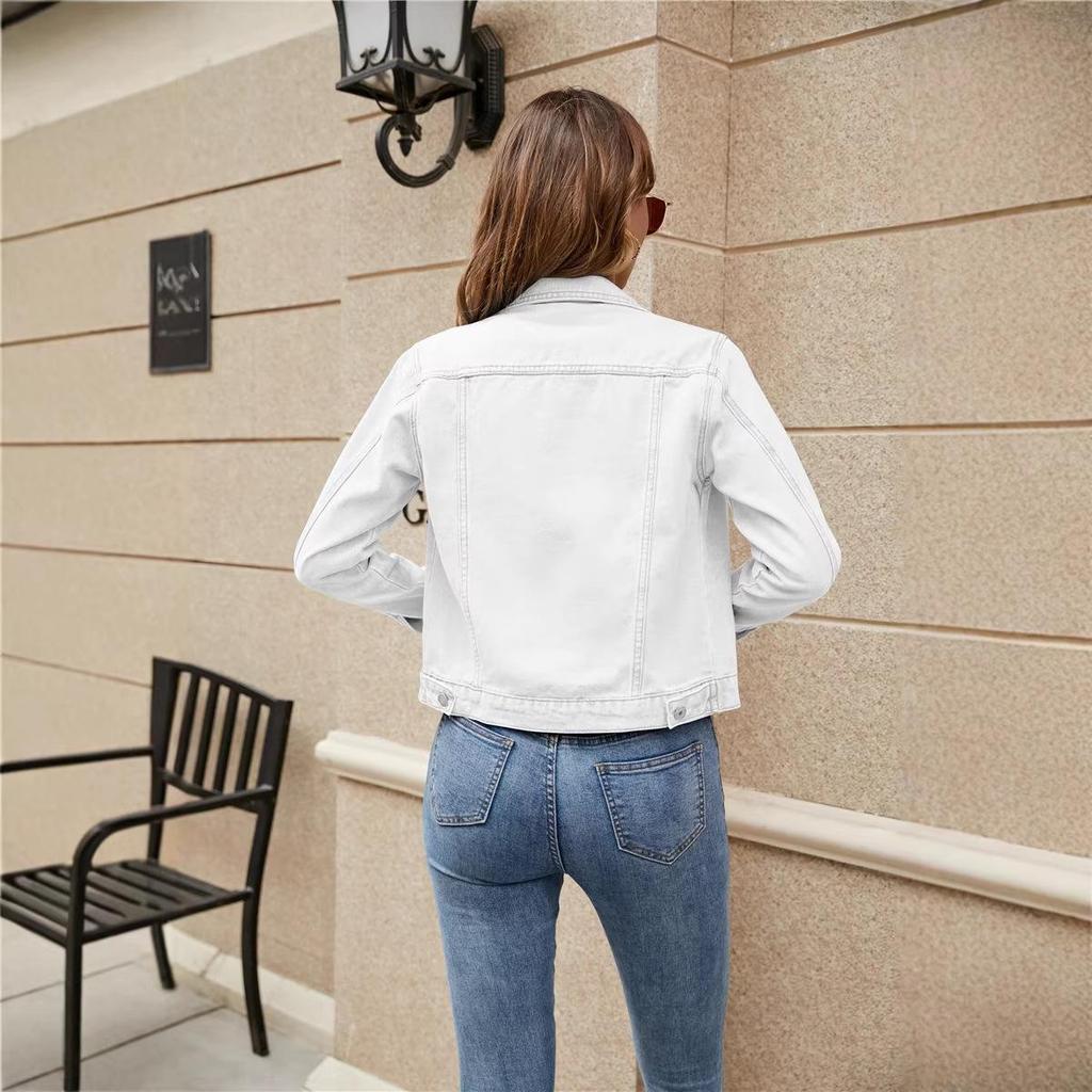 2025 Slim Fit Women's Denim Bomber Jacket with Turn-Down Collar and Pockets