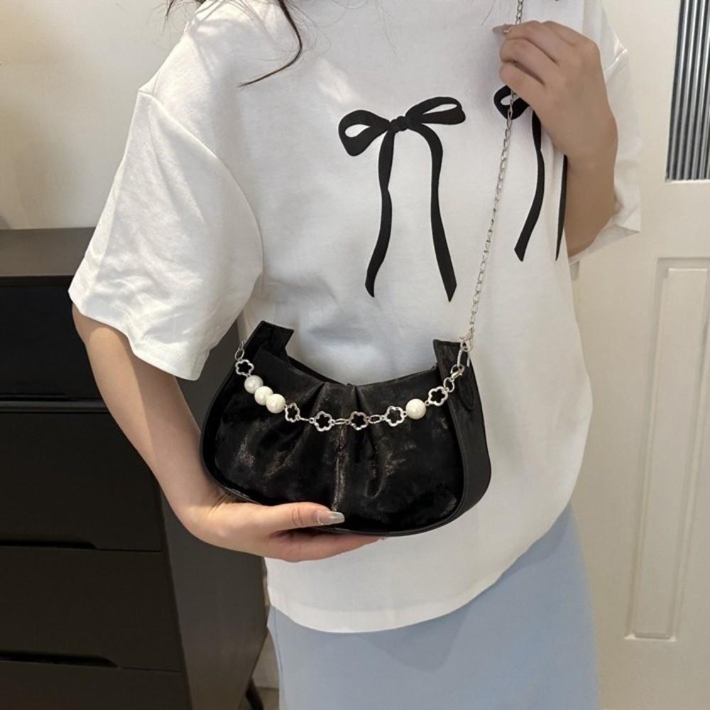 PU Leather Pearl Chain Crossbody Bag Solid Color Pleated Handbag Cloud Shoulder Bag Shopping