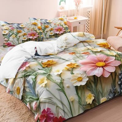 Set 3 bucăți Huse de Plapumă cu Model Floral Colorat, Material Ultra-Moale Periat, Imprimare Digitală 3D Plată, Moale și Confortabil