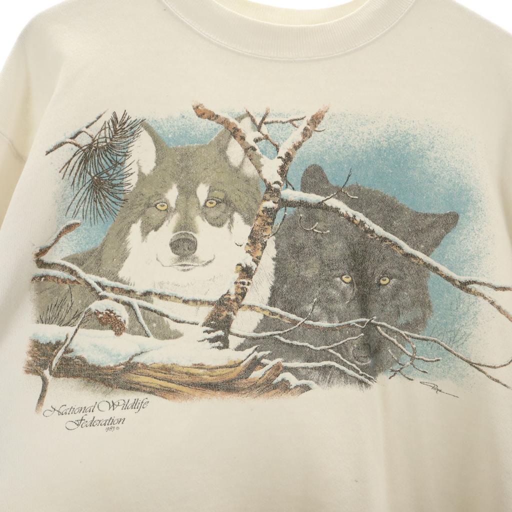 Hanes 80s Made in USA Old wolf print Long sleeve trainer L white sweat Men's Used