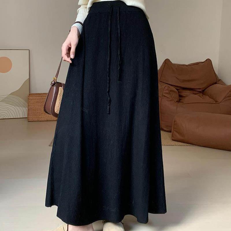 Skirt for Women Casual Versatile Elastic High Waist Long Loose Thickened Stretchy Slim Solid Colour Knit  Skirt