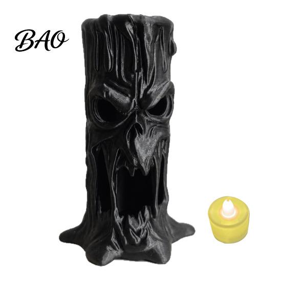 LED Lighted Horror Ornaments Halloween Tree Stump Skull Candle Holder, Spooky Face Tabletop Decor, Hollow Scary Holders Tealight Holder for Electronic