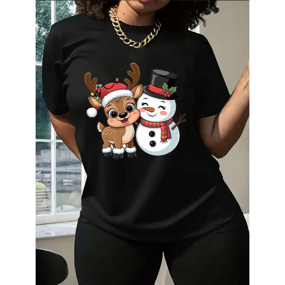 Women's T-Shirt Cute Reindeer Snowman Print Soft Short Sleeve Casual Crew Neck Summer Clothes for Women
