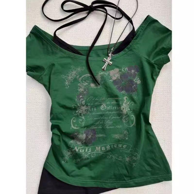 TrendHub Subkultur Damenbekleidung Y2K Punk T-Shirts Amerikanischer Vintage Süß Sexy Kurze Damenbekleidung Grün Sommer Lässig Beliebte Oberteile