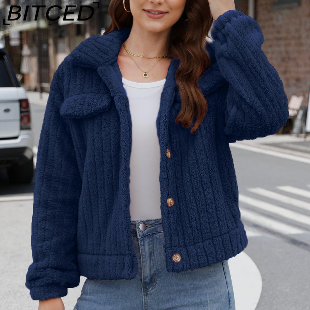 BITCED Women's Fall/Winter Ribbed Fleece Cardigan with Collar, Short-Length Jacket