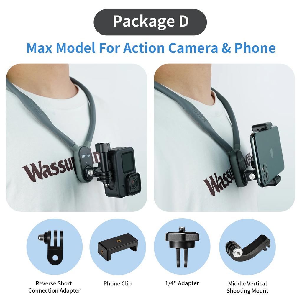 TELESIN Silicone Neck Hold Mount for GoPro Hero 13 12 11 10 9 8 Insta360 DJI Osmo Action Smartphone Magnetic Action Accessories