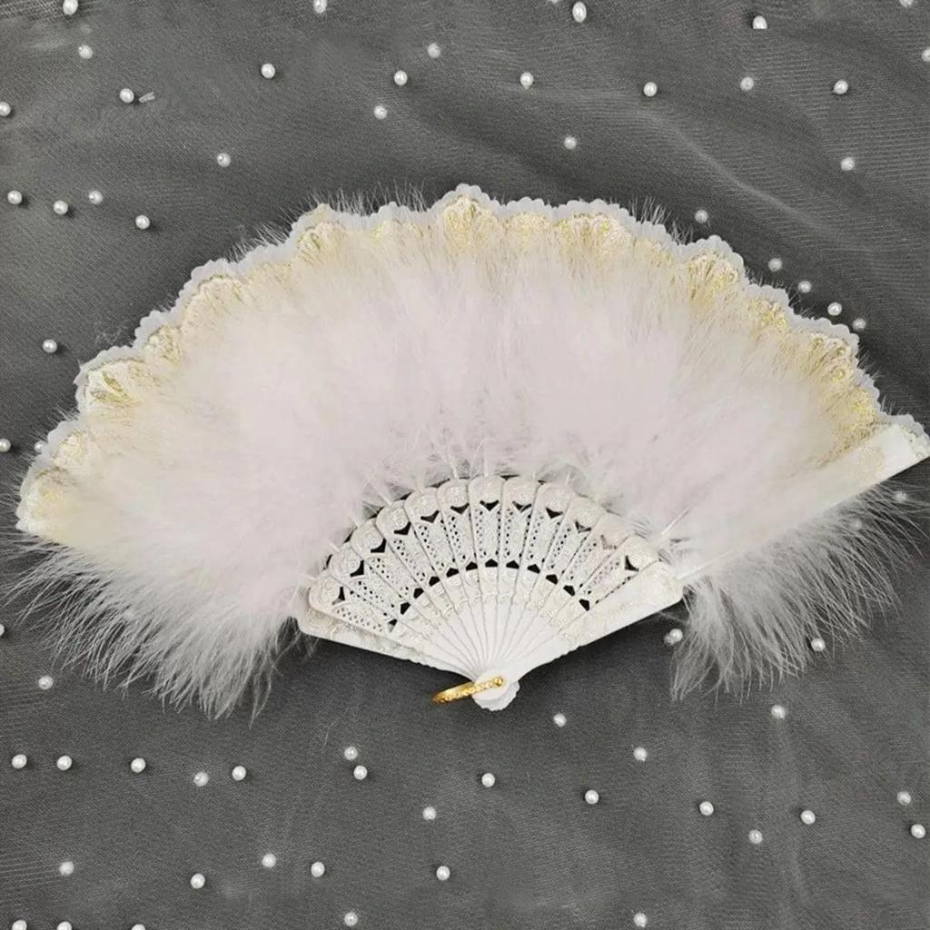 1PC - Vintage simulation feather lace fan with gold stamping feather fan in white