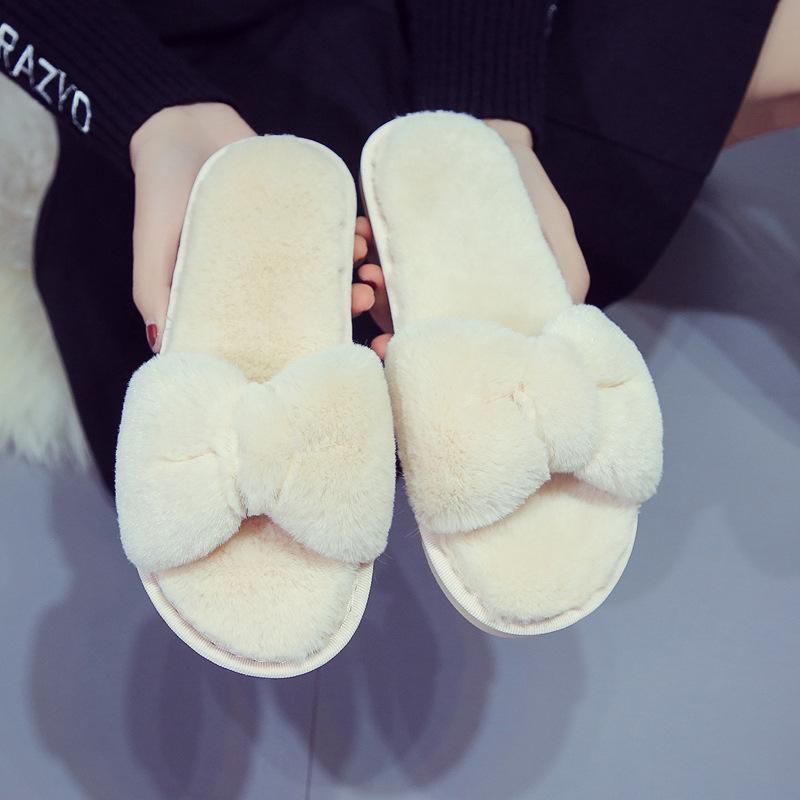 

Новогодний красный бант, мохнатые тапочки для дома, плоская подошва, удобные для пола, мягкая подошва 40-41 белый