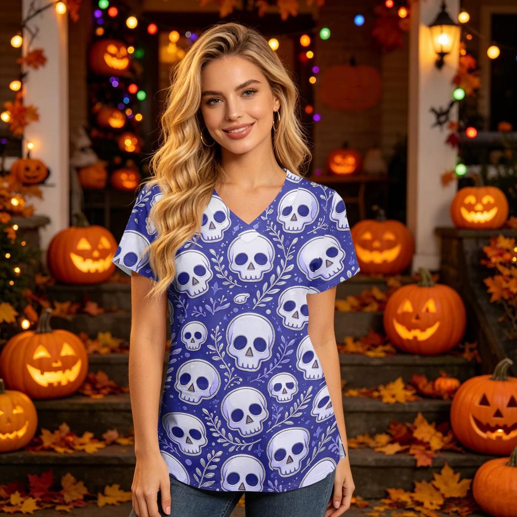 Damen V-Ausschnitt Kurzarm Kasack mit Taschen Halloween-Print Pflegekraft Uniform