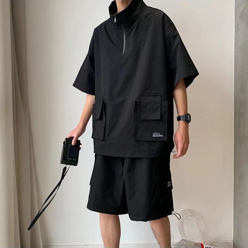 

Летний комплект футболок с коротким рукавом для пары: Стильный, универсальный мужской свободный рабочий костюм. L чёрный