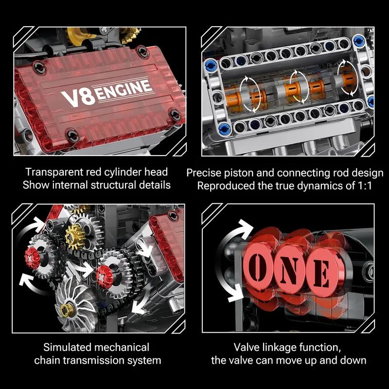 478PCS Motorized V8 Engine Building Blocks Set with L Motor AA Battery Box - DIY Simulation Model Car Parts for Kids Adults Gift