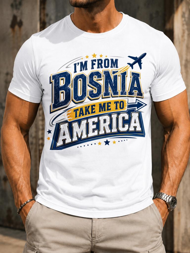 M From Bosnia Take Me To America Collegiate Airplane Arrow Stars And Bold Blue Gold Lettering Unisex All TShirt