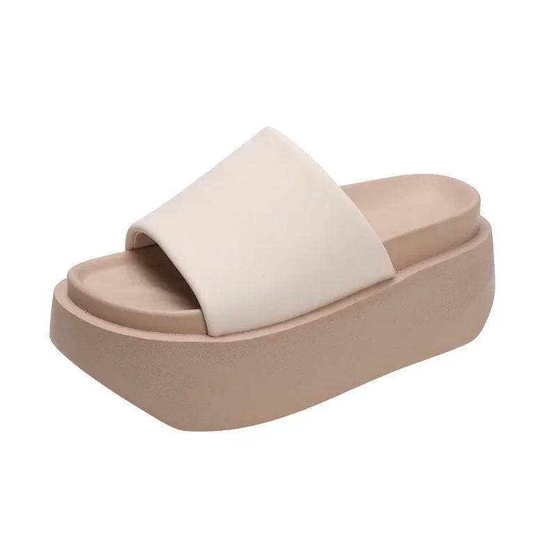 Klapki Damskie Letnie Damskie Klapki Plażowe Sandały Zewnętrzne Grube Skórzane Buty Damskie Obcasy Platformy Wysokie Klapki