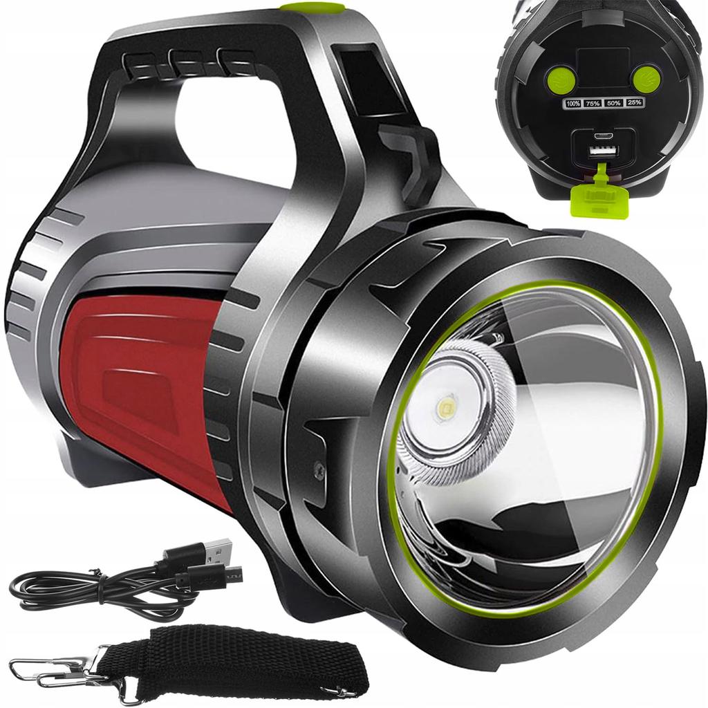 Powerful LED rechargeable flashlight, searchlight with power bank, tactical camping