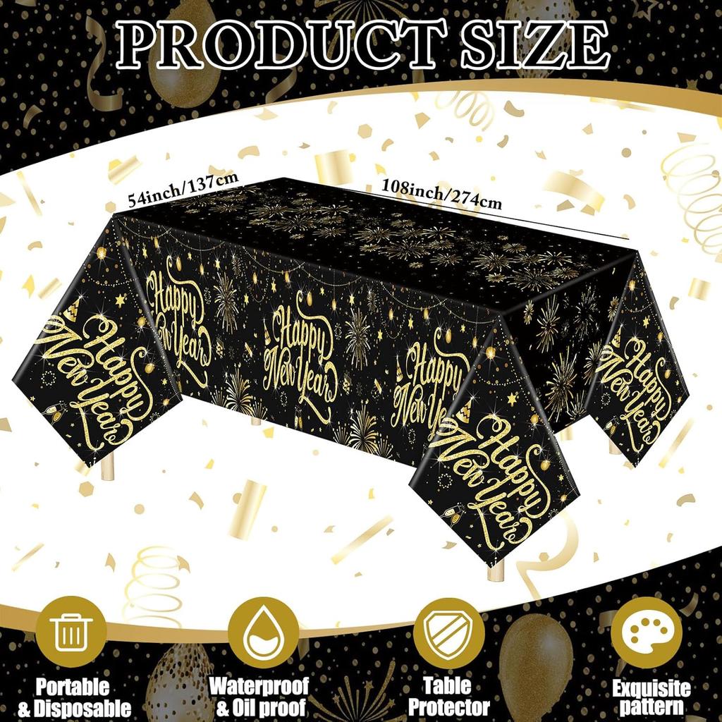 Zhehao Happy New Year Tablecloths 54 x 108 Inch Black and Gold Plastic Tablecloths Disposable Waterproof Happy Newyear Table Covers for 2026 New