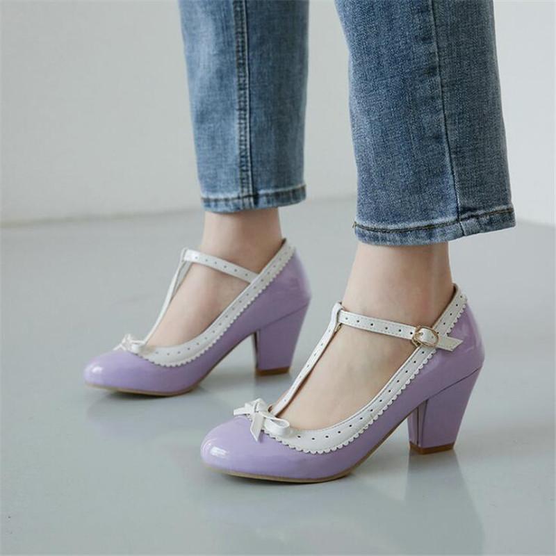 Girls' Shoes Women Mary Jane Shoes Lolita High Heels Bow T-Strap Wedding Pumps Thick Heels Shoes Bridal Princess Footwear 32-43