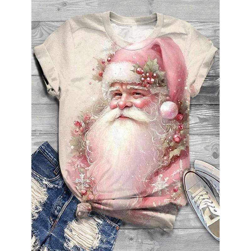 Womens Slim Fit Round Neck Short Sleeve T-Shirt With 3D Santa Claus Print Soft Cotton-Feel Fabric Casual Office Wear