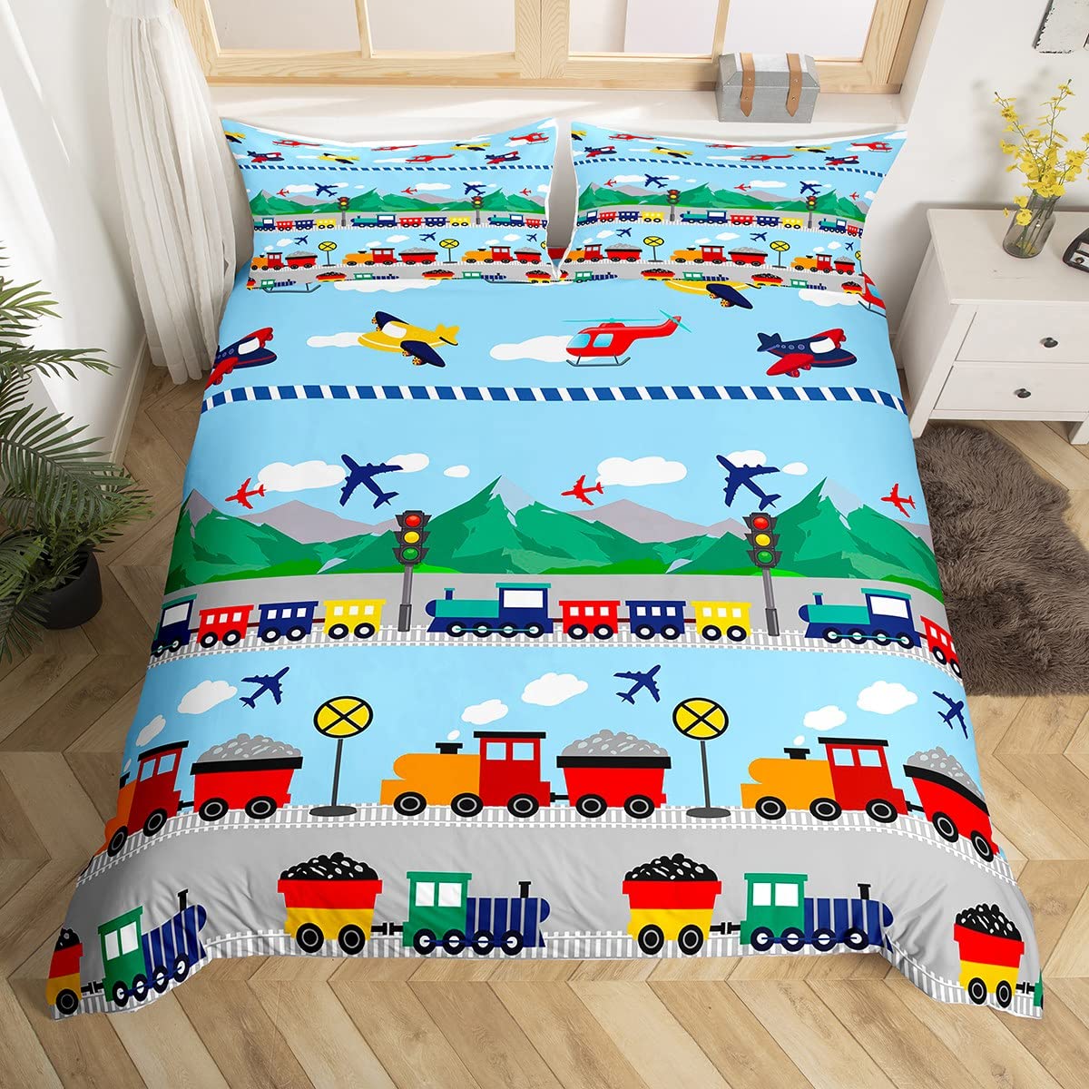 

Cartoon Train Duvet Cover Set Black Trains Bedding Set Boys Teens Men Bedroom Single Double Comforter Cover Decor Quilt Covers AU King(245*210cm)3pcs