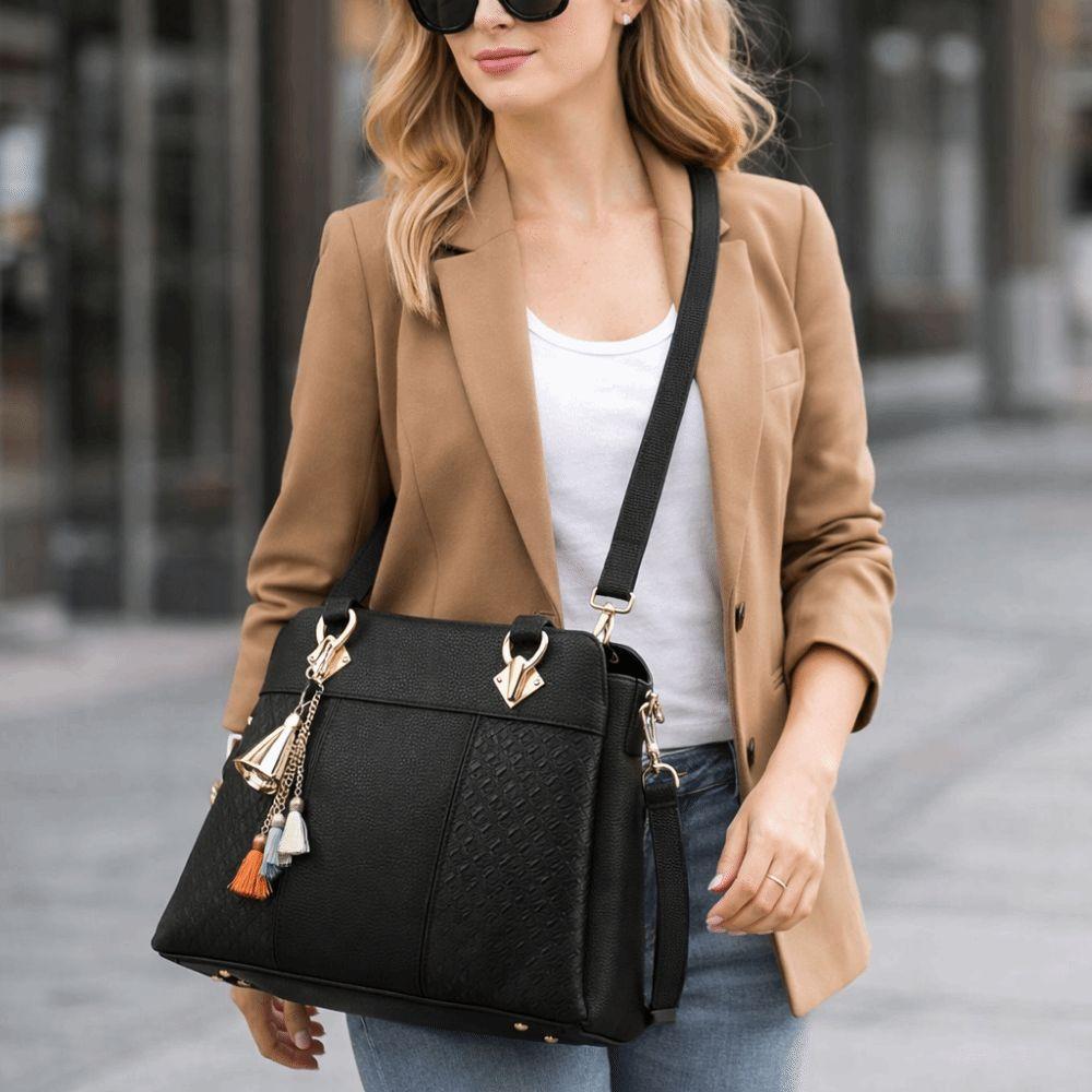 Fashion PU Leather Shoulder Bags Solid Color Large Capacity Embossed Crossbody Bag with Pendant Ladies Handbags