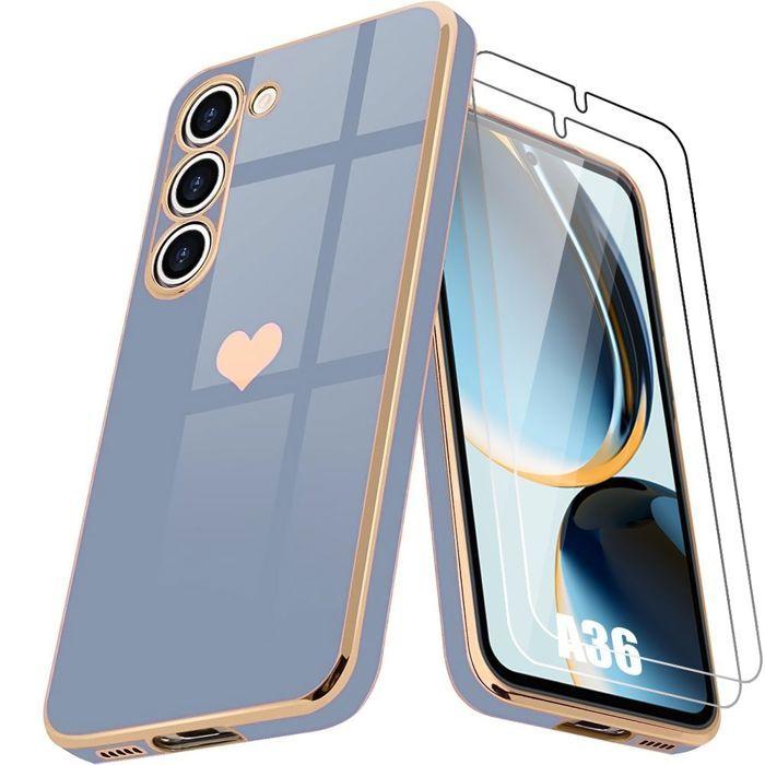 Coque pour Samsung Galaxy A36 5G, Antichoc Silicone Bleu avec Motif Cœur + 2 Verres Trempés