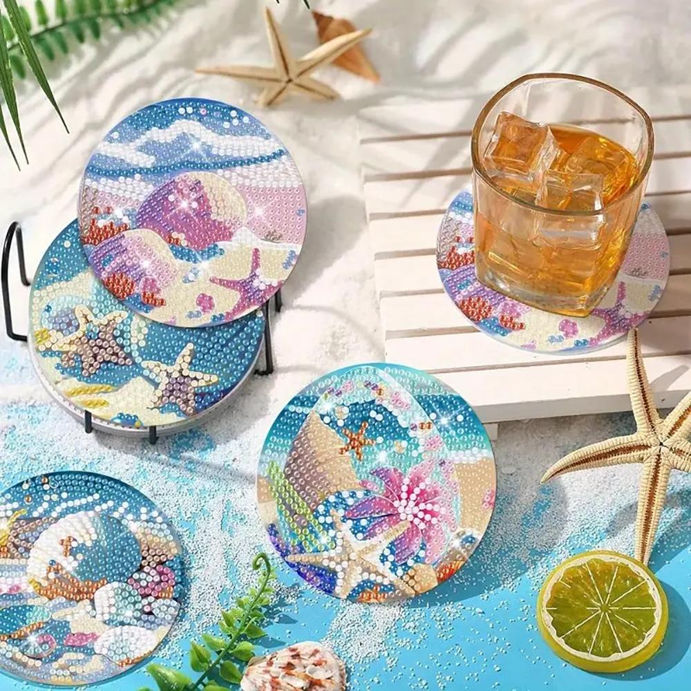 8 Pieces/set of Underwater World Animal Diamond Painted Coaster Set with Bracket DIY Coaster for Beginners and Adults, Gift of Art and Crafts Supplies