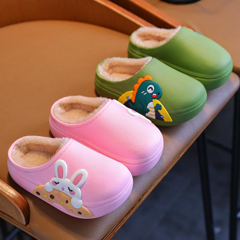 Children's cotton slippers Boys and girls cute cartoon autumn and winter non-slip waterproof velvet warm indoor soft bottom cotton slippers