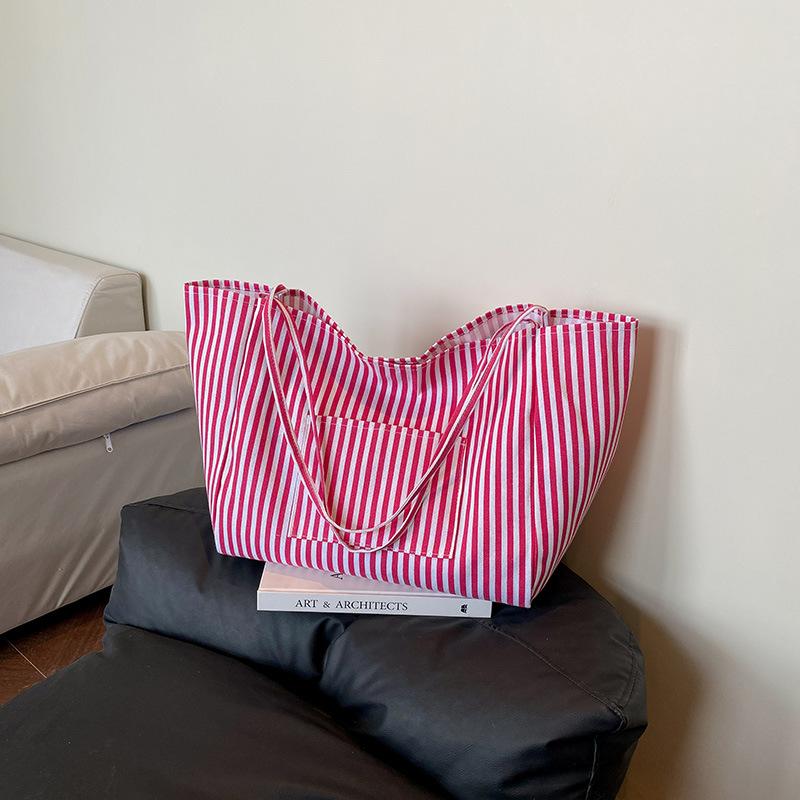 Casual Striped Design Women Nyl Shoulder Bags Versatile Large Capacity Ladies Armpit Handbag Ctrast Color Girl Shopping Tote
