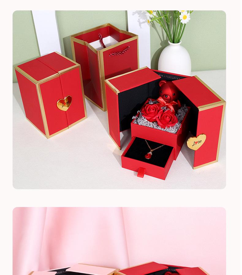 Caixa de Presente Ursinho Porta Dupla: Rosa Preservada e Gaveta de Joias para Aniversários e Dia dos Namorados
