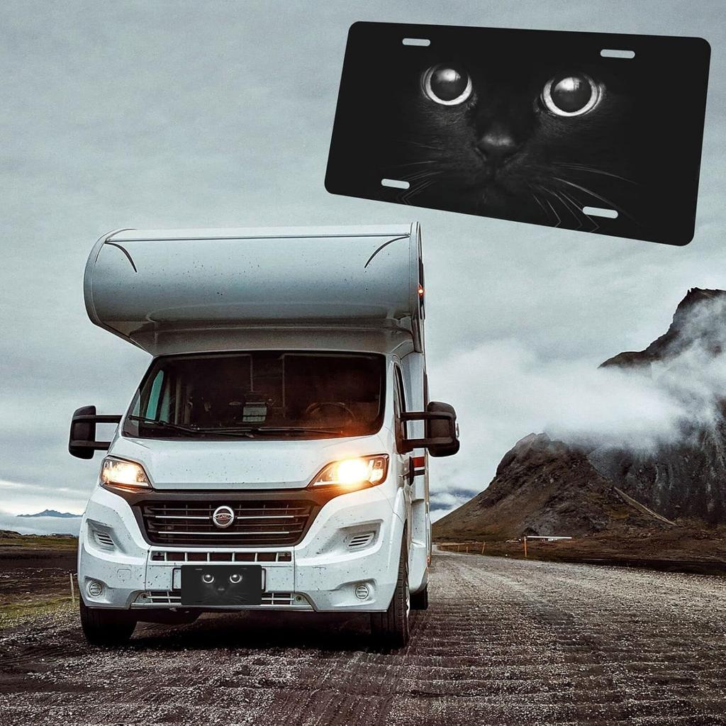 Black Cat Eyes Watching Front License Plate Aluminum Decorative License Plates Funny Metal Car Plate 6"X12" Novelty Vanity Tag Cover With 4 Holes Car