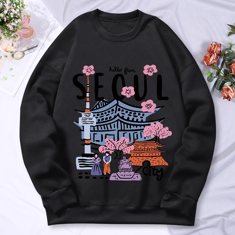 Seoul Beautiful Scenery Printing Womens Hooded Autumn Casual Warm Hoodies Fashion Soft Hoodie Street Versatile Female Pullover