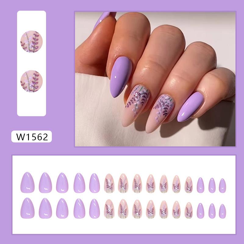 Purple flower wearing nail piece almond fake nail almond nail short cute patch nail piece 30 pieces