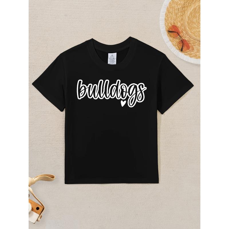

European sizes Kids Cute Bulldogs Script Game Mascot T-Shirt - Matching Team Color Graphic Tee with Bulldog Design, Soft Stretchy Fabric 98cm