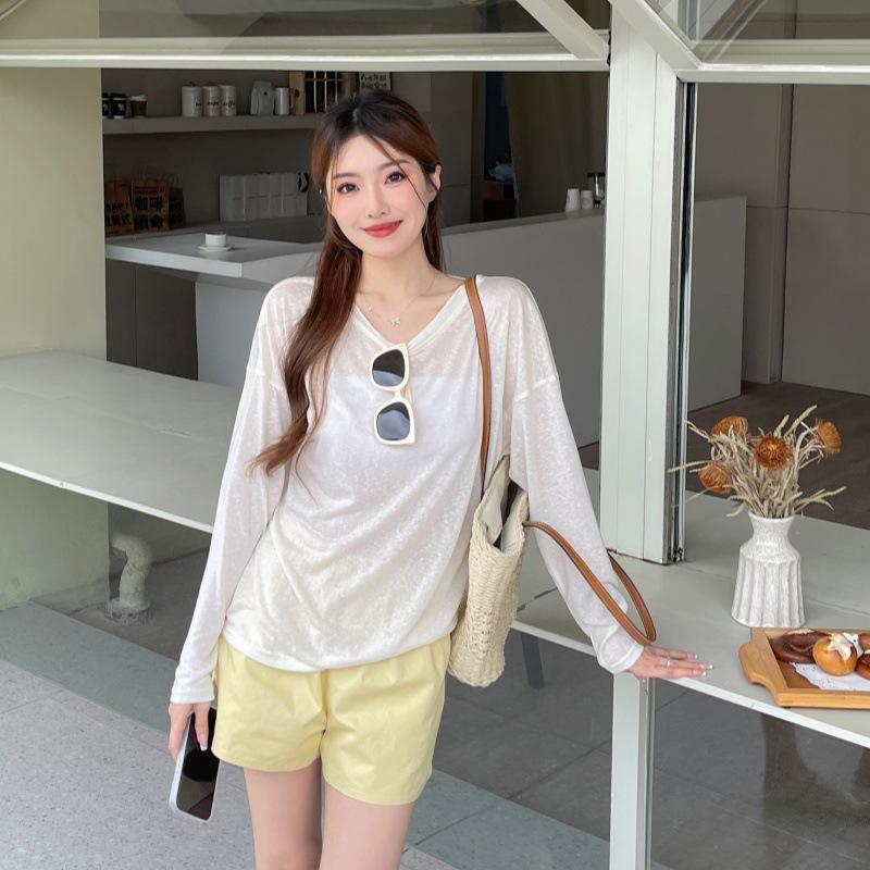Summer Women's Loose Long Sleeve Blouse Bottom Shirt Thin Round Neck Sun Shirt Pullover Air Conditioner Hoodie