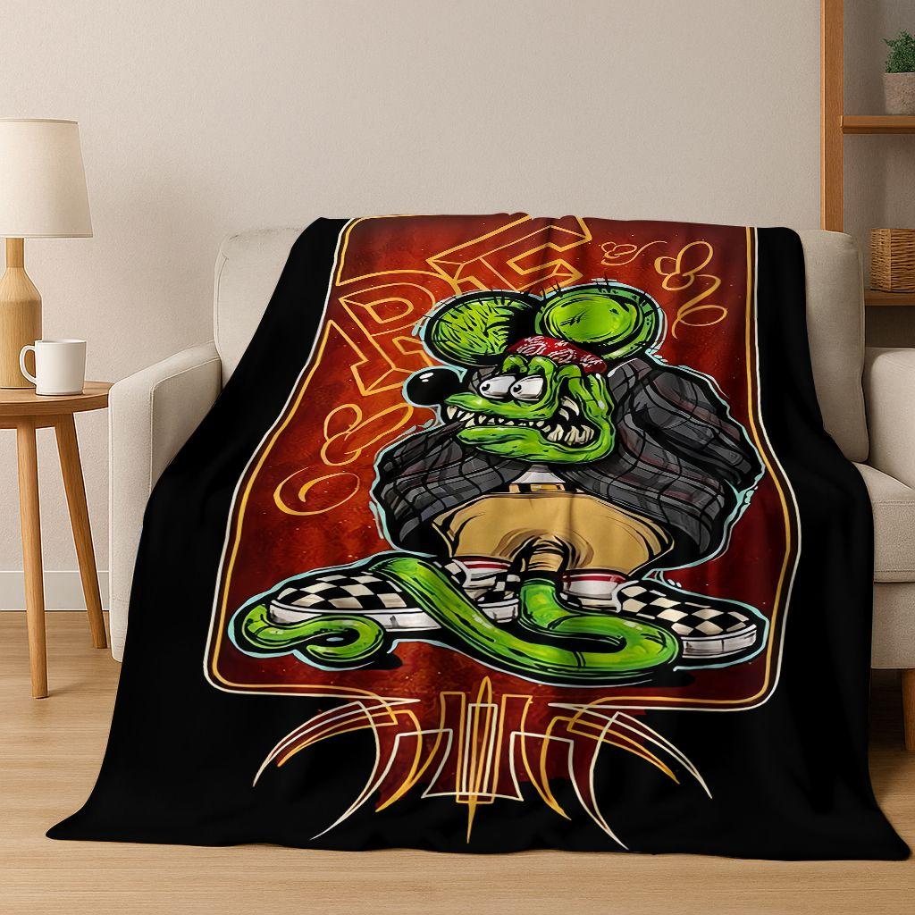 3D Buntowniczy RAT FINK Samochody Znak Kreskówkowy Koc Flanelowy, Ciepły i Przytulny Miękki Koc Rzutowy do Domu Sypialni Łóżka Sofy Pokrycie Piknikowe