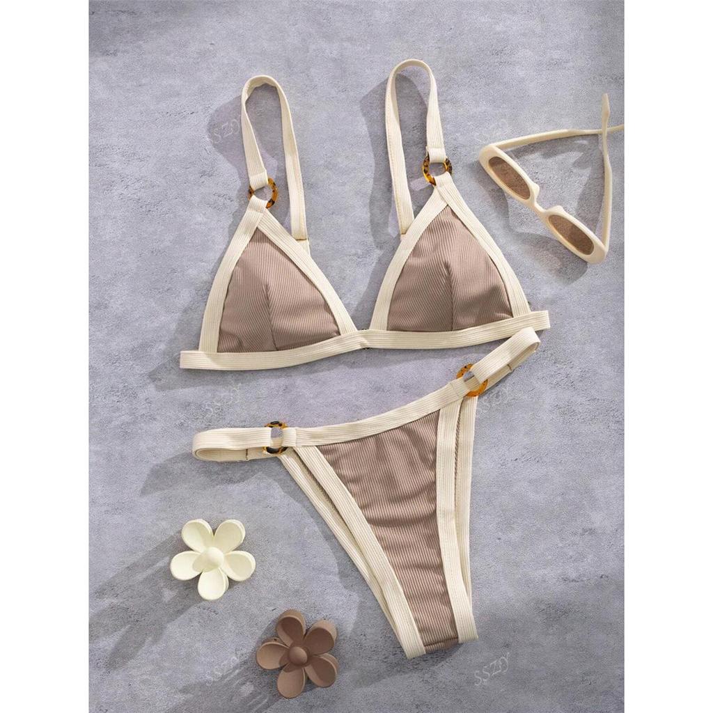 Splicing Ribbed Bikini Women Swimwear Female Swimsuit Two-Pieces Bikini Set High Cut Leg Padded Bather Bathing Suit Swim V7694