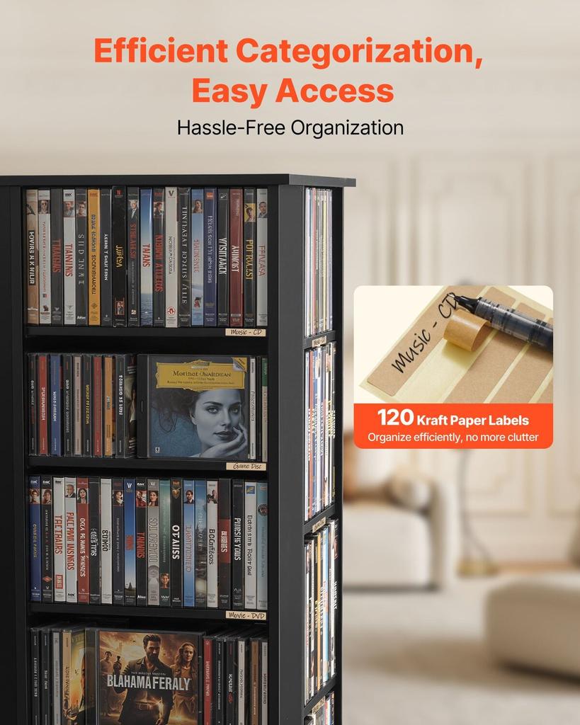 Media Storage Cabinet, CD Rack Tower, 34 Compartments Rotating Media Tower Rack for CDs, DVDs, Books and Game Discs, DVD Stand for Living Room, Home